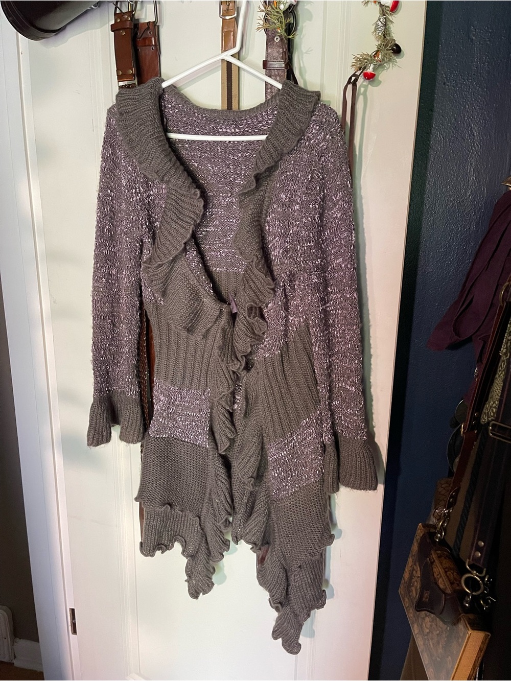 Ruffled Open-Front Cardigan Sweater - Gray and Purple